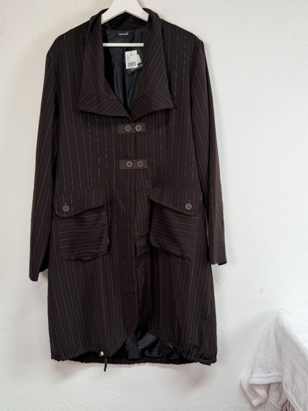 Animale Women's Size 12 Brown Pinstripe Long Coat Jacket Drawstring Hem NWT $238